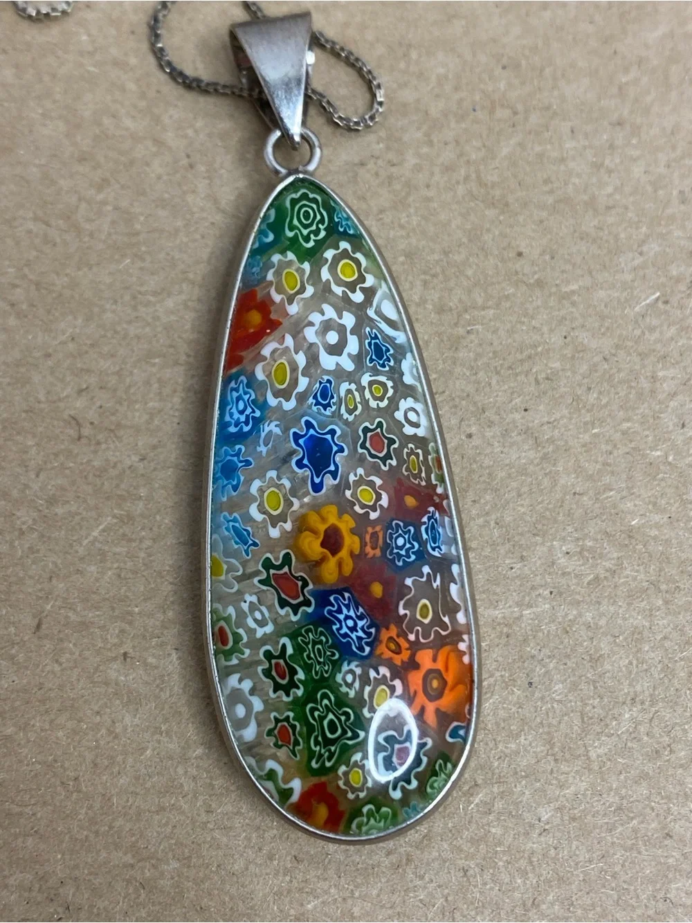 Millefiori Made In Italy Floral Glass Teardrop Pendant Sterling Silver Box Chain